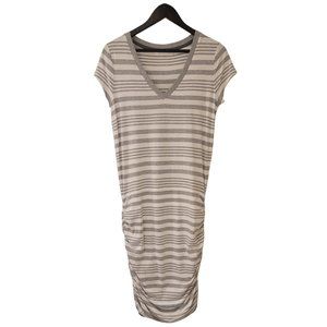 Athleta Solstice Dress Small Gray White Stripe Short Sleeve Soft Ruched NWOT NEW